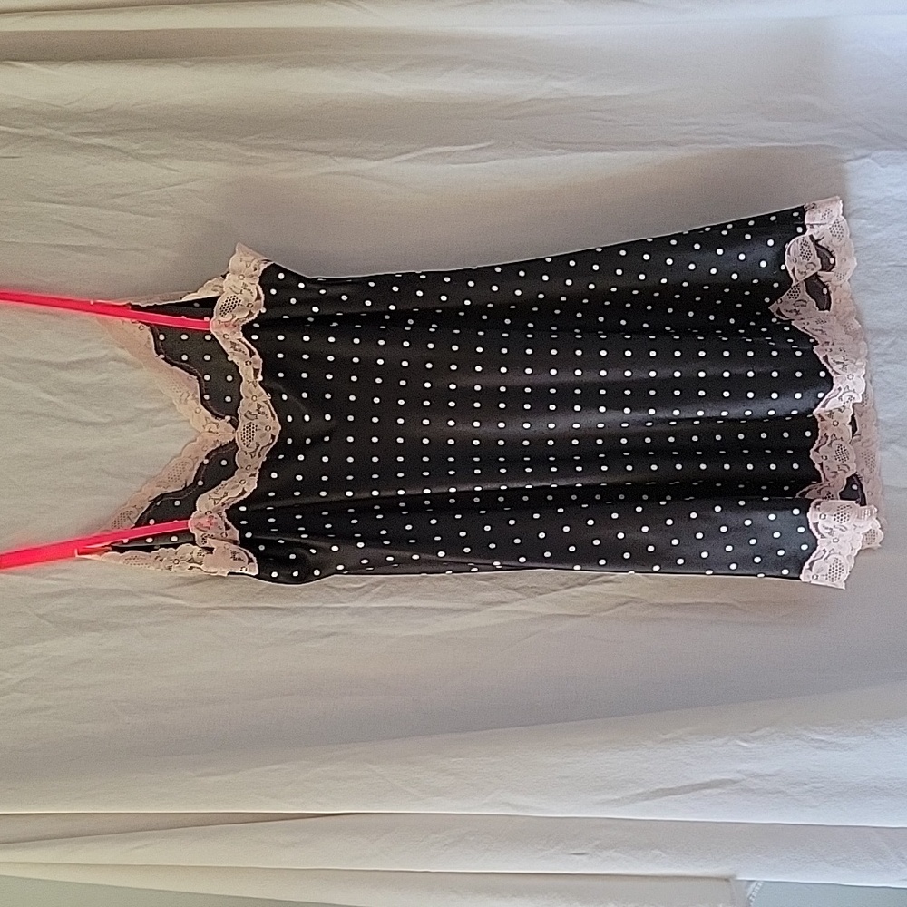 Victoria Secret size Large Black Polka-dot Pink straps lace baby doll - Picture 4 of 8